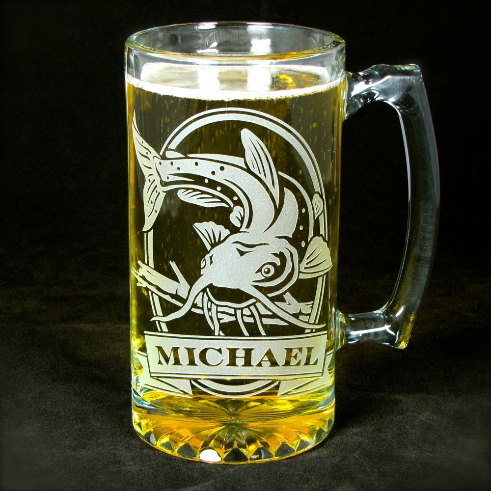 1 Personalized Catfish Beer Mug, Etched Glass Fisherman Gift, Groomsmen