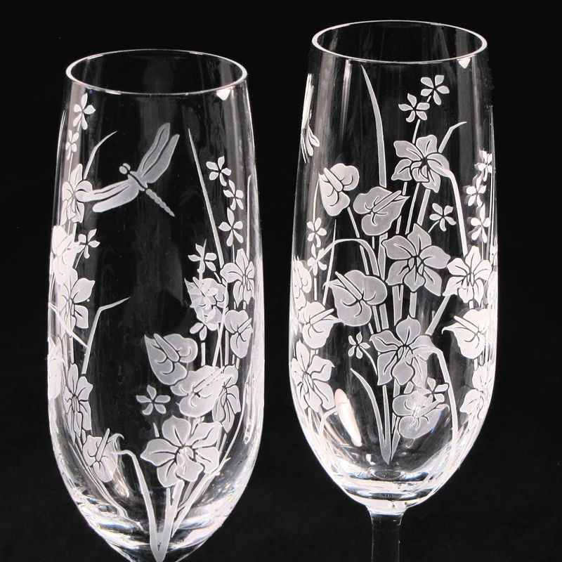 2 Tropical Flowers with Dragonfly Toasting Champagne Flutes - product image  