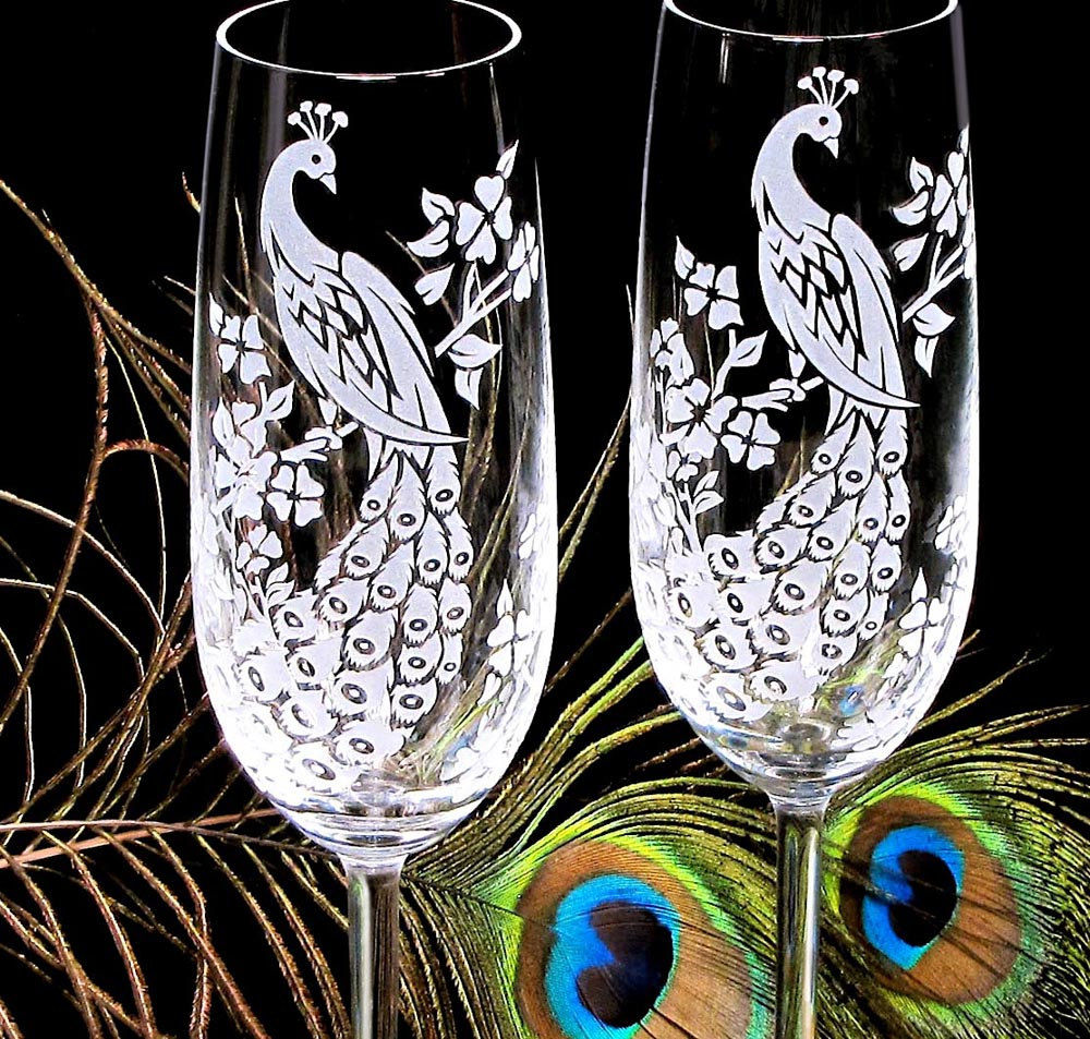 Peacock Champagne Glasses, Engraved Crystal Champagne Flutes The