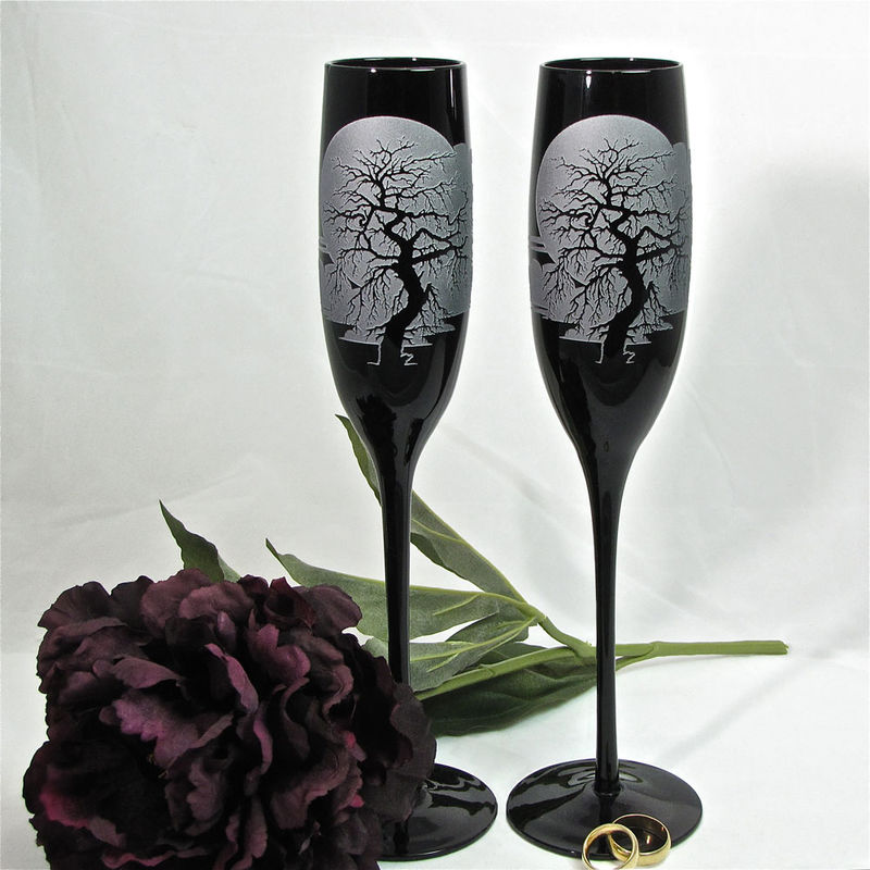 Black Champagne Flutes, Wedding Glasses With Spooky Gothic Enchanted Forest Tree The Wedding