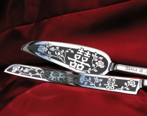 Double,Happiness,&,Roses,Wedding,Cake,Server,and,Knife,Set,,Personalized,double happiness, wedding cake server set, chinese wedding, cake server and knife set