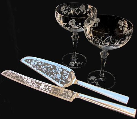 Vintage,style,Champagne,Goblets,,Wedding,Cake,Server,Set,,Rose,Themed,Wedding,,Personalized,Brad Goodell, bradgoodell, Rose themed wedding, personalized, Rose Garden, Great Gatsby wedding, roaring 20s wedding, vintage style, wedding, cake server and knife set, champagne glasses, crystal champage flutes, wedding toasting flutes, engraved crystal 