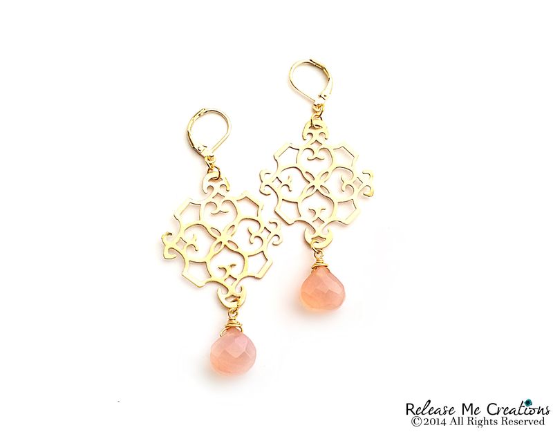 Peachy Pink Chalcedony Gold Filigree Chandelier Earrings Release Peachy Pink Chalcedony Gold Filigree Chandelier Earrings Image