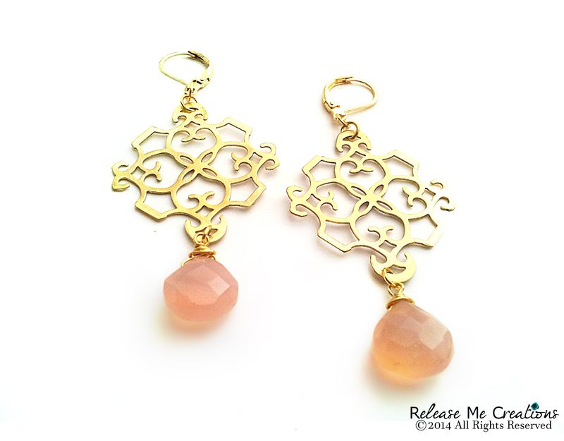 Peachy Pink Chalcedony Gold Filigree Chandelier Earrings Release Peachy Pink Chalcedony Gold Filigree Chandelier Earrings Image