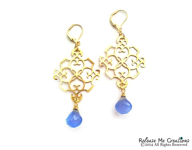 Indigo Blue Chalcedony Gold Filigree Chandelier Earrings Release Indigo Blue Chalcedony Gold Filigree Chandelier Earrings Image