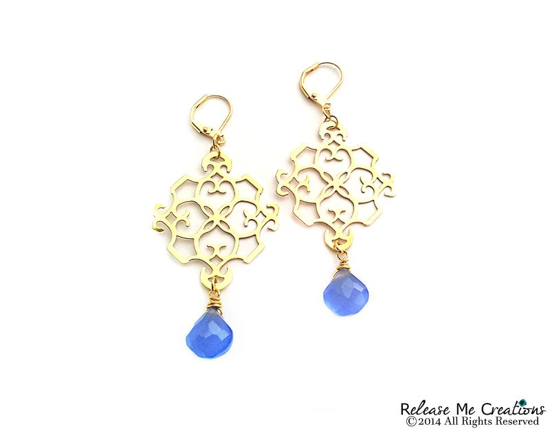 Indigo Blue Chalcedony Gold Filigree Chandelier Earrings Release Indigo Blue Chalcedony Gold Filigree Chandelier Earrings Image