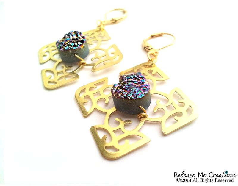 Rainbow Titanium Druzy Celtic Cross Gold Filigree Chandelier Rainbow Titanium Druzy Celtic Cross Gold Filigree Chandelier Earrings Image