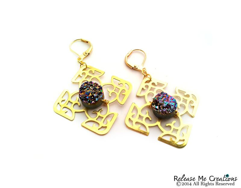 Rainbow Titanium Druzy Celtic Cross Gold Filigree Chandelier Rainbow Titanium Druzy Celtic Cross Gold Filigree Chandelier Earrings Image