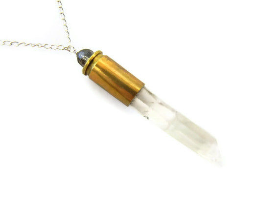 Quartz Crystal Point Bullet Neckace Grey CAL Swarovski Crystal - product image