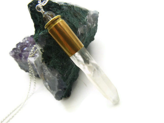 Quartz Crystal Point Bullet Neckace Grey CAL Swarovski Crystal - product image