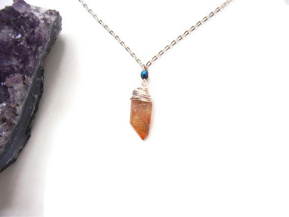 Wire Wrapped Tangerine Aura Quartz Crystal Slab Black AB Crystal Necklace - product image