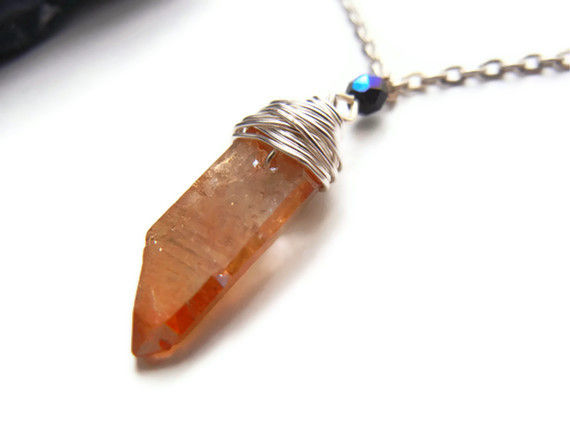 Wire Wrapped Tangerine Aura Quartz Crystal Slab Black AB Crystal Necklace - product image