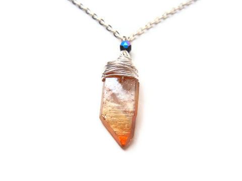 Wire,Wrapped,Tangerine,Aura,Quartz,Crystal,Slab,Black,AB,Necklace,Tangerine Aura Quartz, for her, jewelry, necklace, gemstone, release me creations, wire wrapped