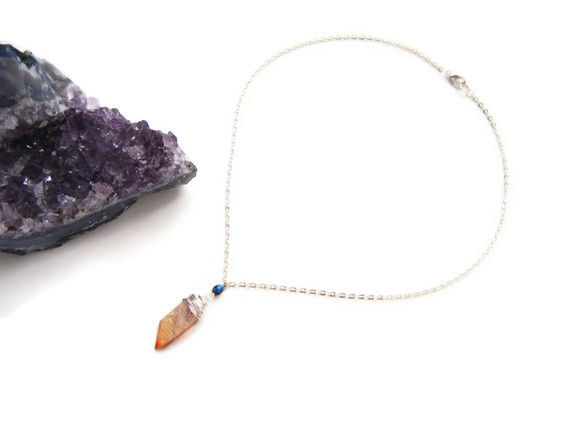 Wire Wrapped Tangerine Aura Quartz Crystal Slab Black AB Crystal Necklace - product image