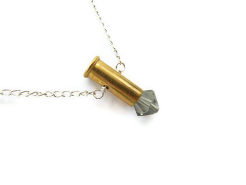 RESERVED:,Petite,9mm,Grey,Swarovski,Crystal,Bullet,Necklace,9mm bullet, bullet necklace, jewelry, release me creations, for her, brass, bright silver, gray, swarovski crystal