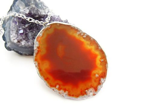 Statement,Orange,Red,Oval,Agate,Slab,Necklace