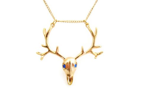 Gold,and,Blue,Retro,Deer,Antler,Necklace,funky, retro, gold, blue, Swarovski Crystal, deer skull, antlers, hipster jewelry, for her, gothic, kitschy, Release Me Creations