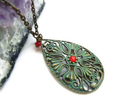 Green,Blue,Patina,Filigree,Teardrop,Pendant,patina, filigree, bronze, green blue, mint, red, Swarovski Crystal, Siam Red, Release Me Creations, for her, jewelry