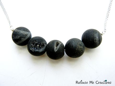 Dramatic,Dark,Black,Gray,Agate,Druzy,Geode,Necklace