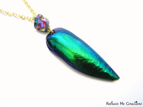 Dramatic,Titanium,Druzy,Elytra,Wing,Necklace,elytra beatle, titanium druzy, rainbow, green, for her, necklace, jewelry, release me creations