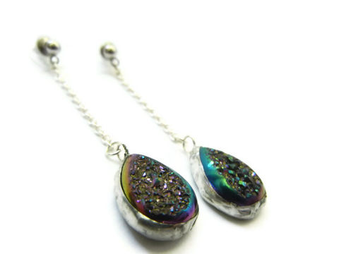 RESERVED:,Titanium,Druzy,Teardrop,Earrings,earrings, titanium druzy, dangle, bling, release me creations