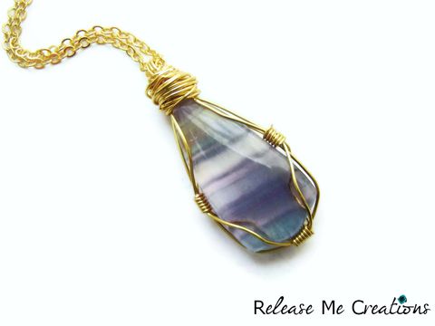 Fluorite,Gold,Wire,Wrapped,Caged,Necklace, gold, wire wrap, necklace, bohemian, release me creations, gift idea, jewelry, for her