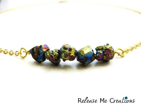 Petite,Gold,Titanium,Rainbow,Druzy,Necklace,Titanium Druzy, Rainbow, green, blue, pink, yellow, raw, freeform, bohemian, natural, gold, release me creations, jewelry, for her, gift idea