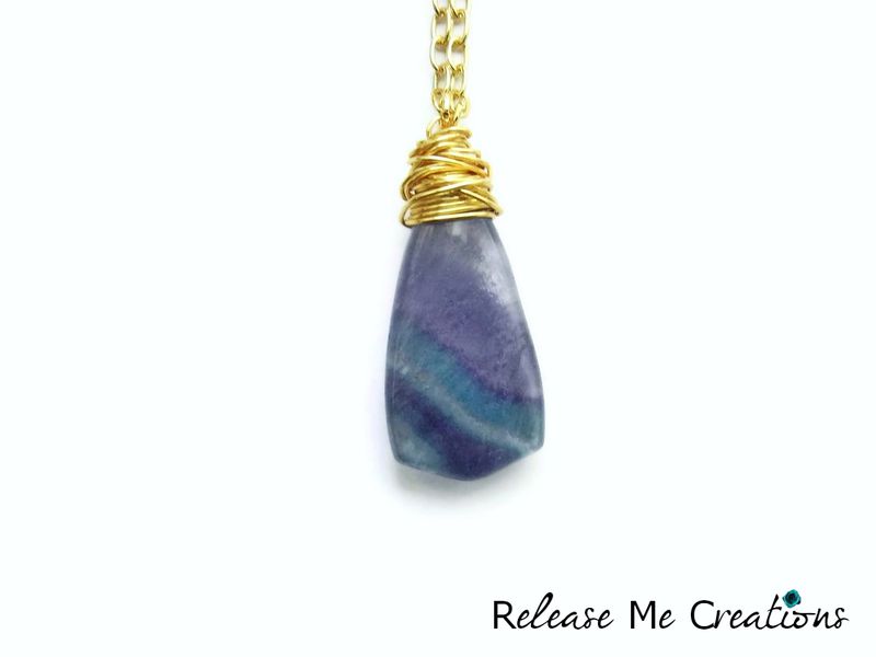 Long Opera Length Gold Wire Wrapped Fluorite Necklace Release Me