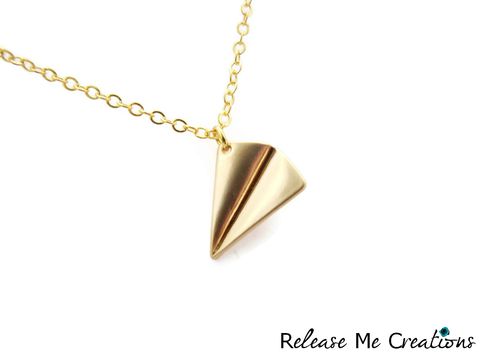 Paper,Airplane,Gold,Charm,Necklace
