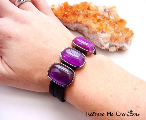 Edgy,Purple,Glass,Leather,Bracelet,cuff, leather, bracelet, purple, amethyst, release me creations, glass, for her, gift