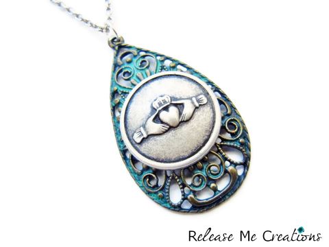 Green,Patina,Claddagh,Celtic,Irish,Necklace,claddagh, irish, st. patricks day, jewelry, for her, celtic, release me creations, necklace, gift