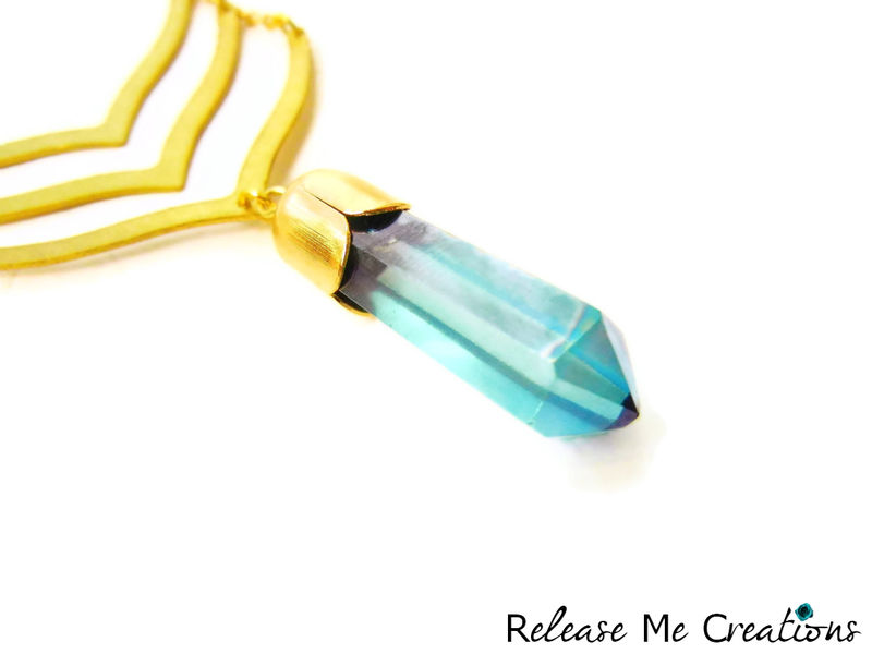 Mythic Chevron Aqua Aura Quartz Crystal Necklace Release Me Creations Mythic Chevron Aqua Aura Quartz Crystal Necklace Image