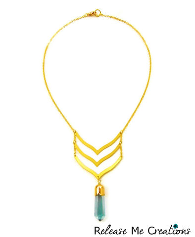 Mythic,Chevron,Aqua,Aura,Quartz,Crystal,Necklace,aqua aura quartz crystal point, blue, gemstone, tangerine aura, amethyst aura, tanzine aura quartz, release me creations, chevron, brass, gold, necklace, for her, edgy, rocker, bohemian, chic
