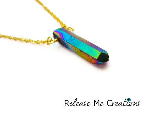 Single,Rainbow,Titanium,Quartz,Crystal,Point,Necklace,Silver,Gold,titanium quartz, rainbow, crystal, necklace, for her, edgy, chic, fashion, colorful, spring, jewelry, release me creations