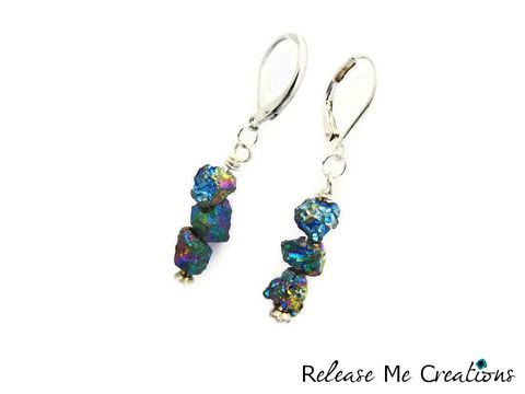 Cosmic,Titanium,Druzy,Drop,Earrings,Rainbow,Leverback,Rhinestone,earrings, titanium druzy, cosmic, rainbow, leverback, gemstone, semi precious gemstone, raw gemstone, release me creations, for her, gift