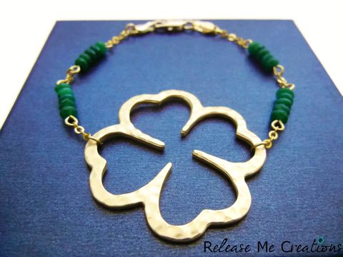 Four,Leaf,Clover,Emerald,Green,Jade,Bracelet,Irish,Celtic,St.,Patricks,lucky, gold, stpatricksday, irish, celtic, emerald, jade, green, four leaf clover, clover, quatrefoil, bracelet