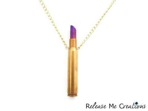 Inverted,Rifle,Bullet,Titanium,Quartz,Crystal,Point,Necklace,bullet, jewelry, casing, rifle, hunter, woman, cowgirl, nra, pro gun, titanium aura quartz, edgy, rocker, glam