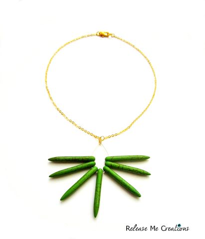 Tribal,Glam,Emerald,Green,Howlite,Point,Gold,Necklace,tribal, glam, rocker, green, emerald, natural, chic, necklace, for her, release me creations