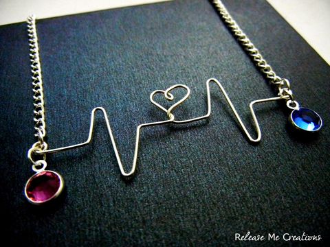 CUSTOM,ORDER:,Customized,Silver,Heartbeat,Necklace,Two,Birthstones,Mother,Daughter,customized, personalized, heart transplant, birthstones, heart, heartbeat, necklace, for her, release me creations, sapphire, tourmaline, pink, blue