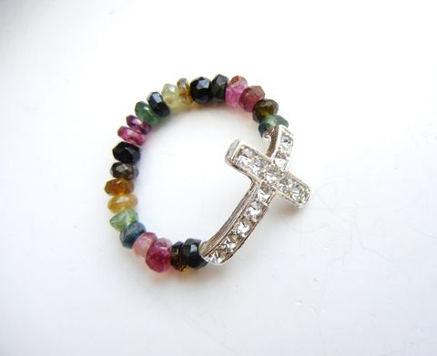 Multi-Tourmaline,Sideways,Cross,Ring,Pink,Green,Yellow,multi tourmaline, ring, gemstone, green, black, yellow, pink, red, rhinestone, cross, christian, religious, crucifix, sideways cross