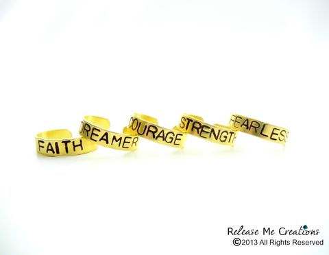 Positive,Mantra,Rings,Fearless,Courage,Strength,Faith,Dreamer,RING, GOLD, BRASS, STAMPED, PERSONALIZED, STACKING, release me creations, fearless, dreamer, faith, strength, courage, personalized, customizable