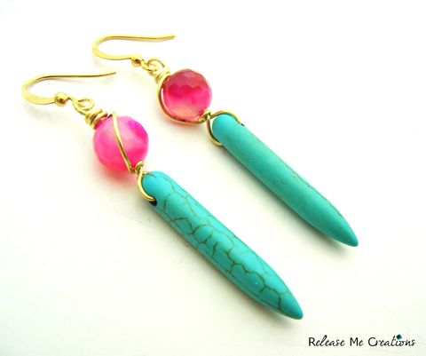 Pink,Agate,Turquoise,Blue,Spike,Earrings,spring, summer, jewelry, boho, bright, colorful, earring, drop earrings, spike, blue, pink, agate, howlite, magnesite, release me creations