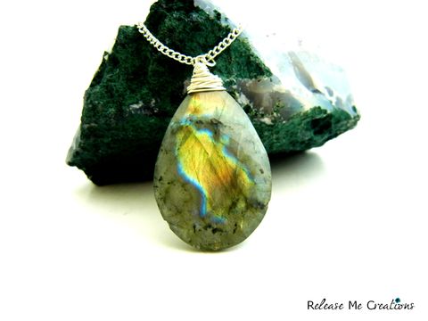 Faceted,Green,Labradorite,Teardrop,Necklace,labradorite, teardrop, faceted, necklace, for her, semi-precious gemstone, healing, release me creations, green, blue, yellow, blue flash