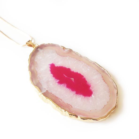 Pink druzy agate slice pendant necklace 