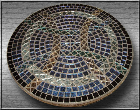 Celtic,Circles,of,Love,by,Mel,Fischer,celtic circle mosaic, lazy susan mosaic, silver and blue mosaic