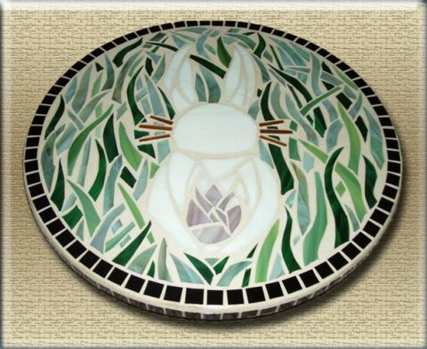 Bunny,Mosaic,lazy,susan,by,Mel,Fischer,stained glass bunny, bunny mosaic, rabbit mosaic, mosaic lazy susan, green grass, white rabbit
