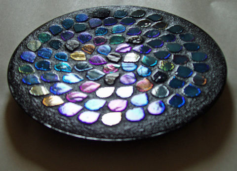 Mosaic,Raindrops,Dish,by,Mel,Fischer,mosaic raindrops dish, pillar candle dish, iridescent stained glass, aqua dish, rainbow colors