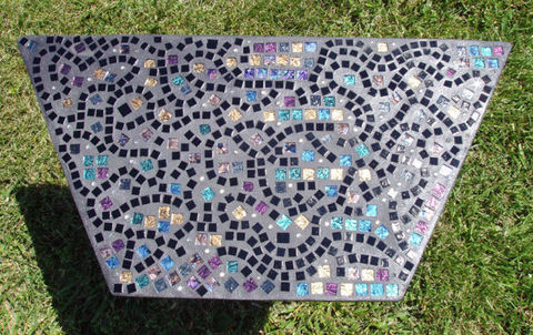 Pathways,Mosaic,Table,by,Mel,Fischer,,Charlee,Fischer,and,the,students,of,Horace,Mann,Elementary,School,mosaic community project, mosaic table, various stained glass tiles, swarovski crystals