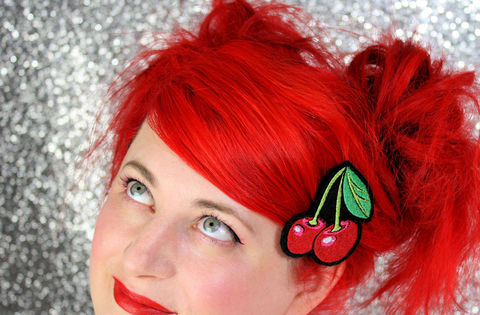 Cherries,Hair,Clip,,Rockabilly,Clip,Accessories,women,janine_basil,rockabilly_hair_clip,cherries,cherry_hair_clip,red,red_hair_clip,cherry_red,hair_barrette,cherry_clip,cherries_clip,hair_clip,polyester_felt,rayon_thread,elastic