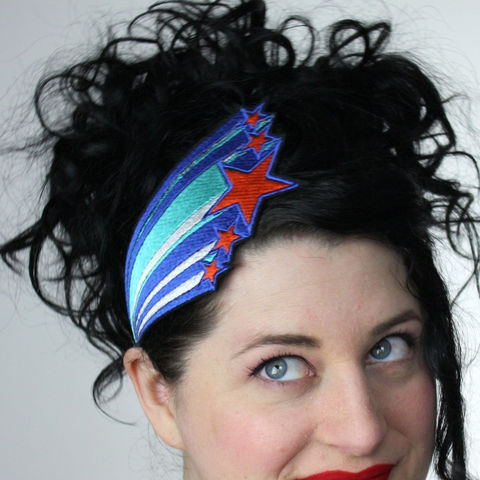 Shooting,Stars,Headband,,Retro,1970s,Style,,Various,Colours,Accessories,Women,hair,headband,shooting_stars,bright_blue,turquoise,orange,retro_funky,shining_stars,janinebasil,uk,shooting_star,star_headband,elastic_headband,polyester_felt,rayon_thread,elastic